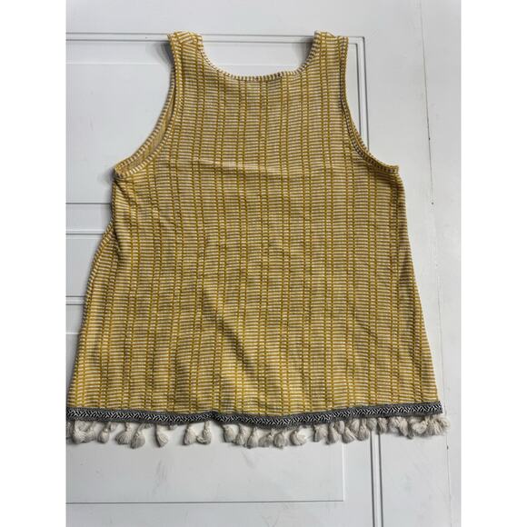 Anthropologie W5 Yellow Striped Tank Top Black Trim White Tassel Fringe Size M - Picture 7 of 7
